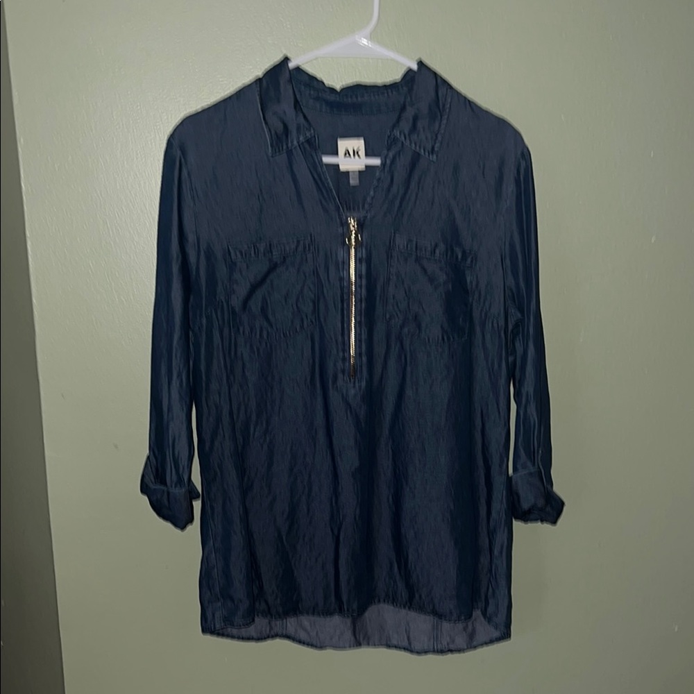 Anne Klein Navy Blue Zip-Front Blouse/Tunic